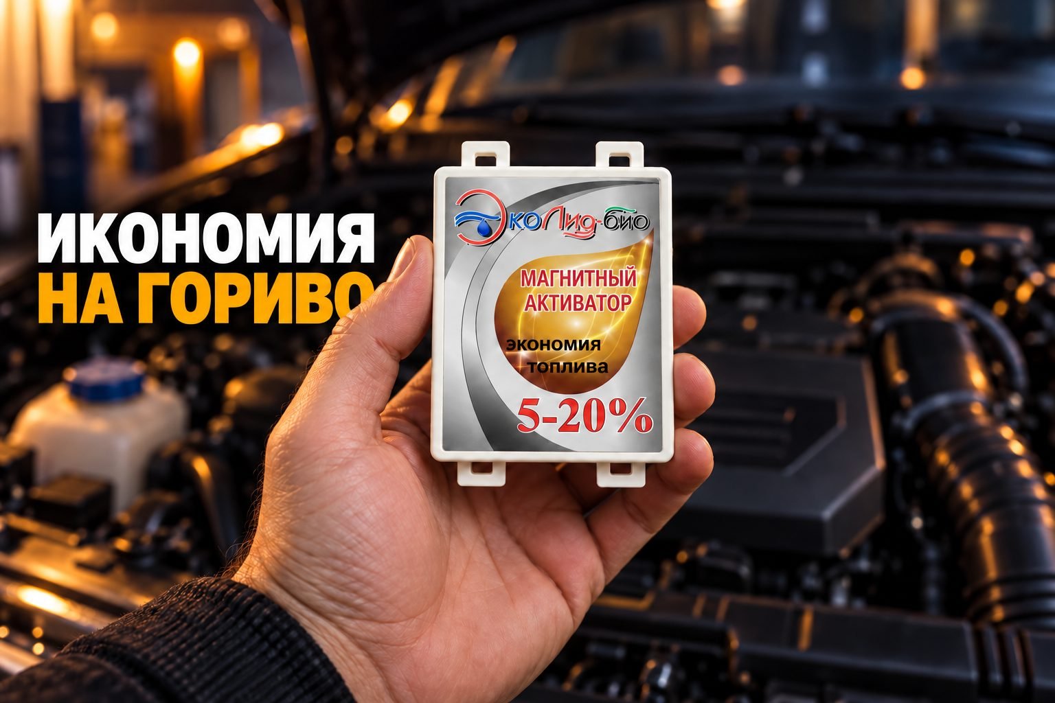 Системата ЕкоЛид-био в ръка на фона на отворен капак — икономия на гориво
