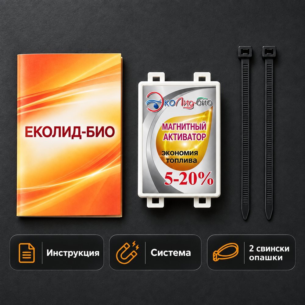 Комплект: инструкция, системата ЕкоЛид-био и 2 кабелни превръзки